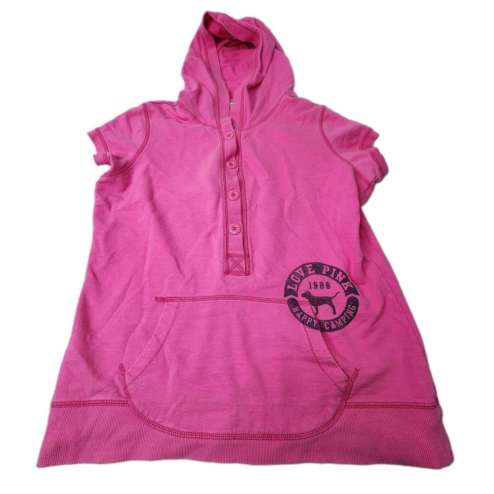 Vtg Victoria's Secret PINK Sz Medium Pullover Pocket Hoodie Shirt Y2K Camp Love
